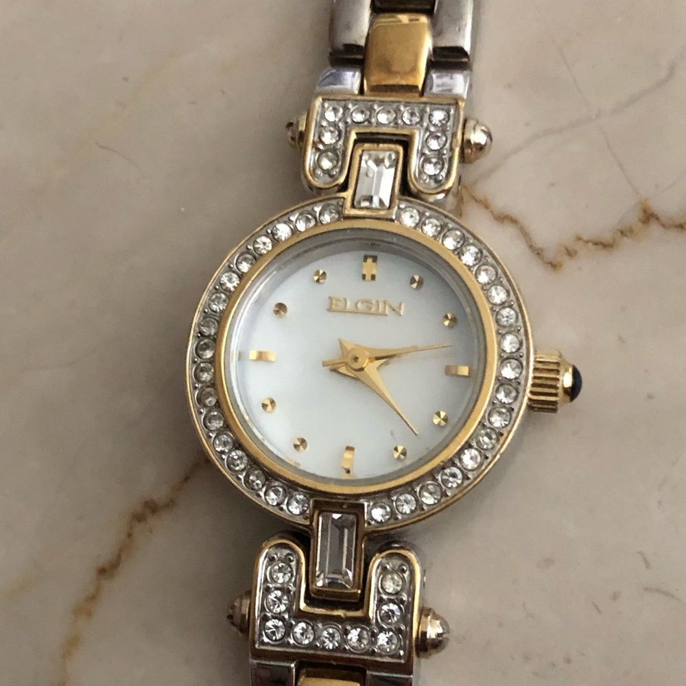 Elgin Two-tone and Crystal Bezel Quartz Ladies Bracelet Watch